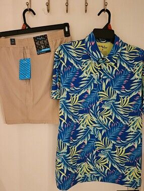 Birdie Bound NWT Golf Bundle, Size M - Stone Short & Blue Palm Polo